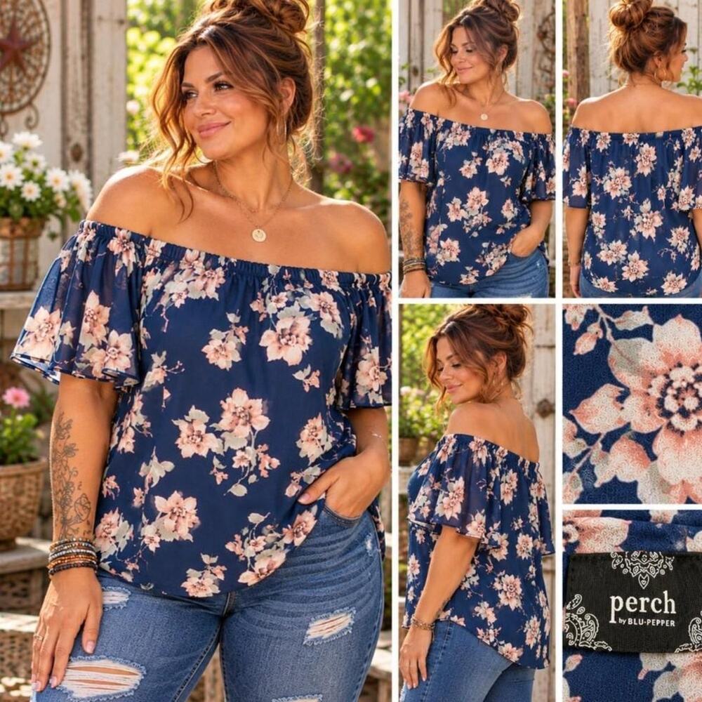 Perch by Blu Pepper 1X Navy Floral Off-Shoulder Ruffle Blouse